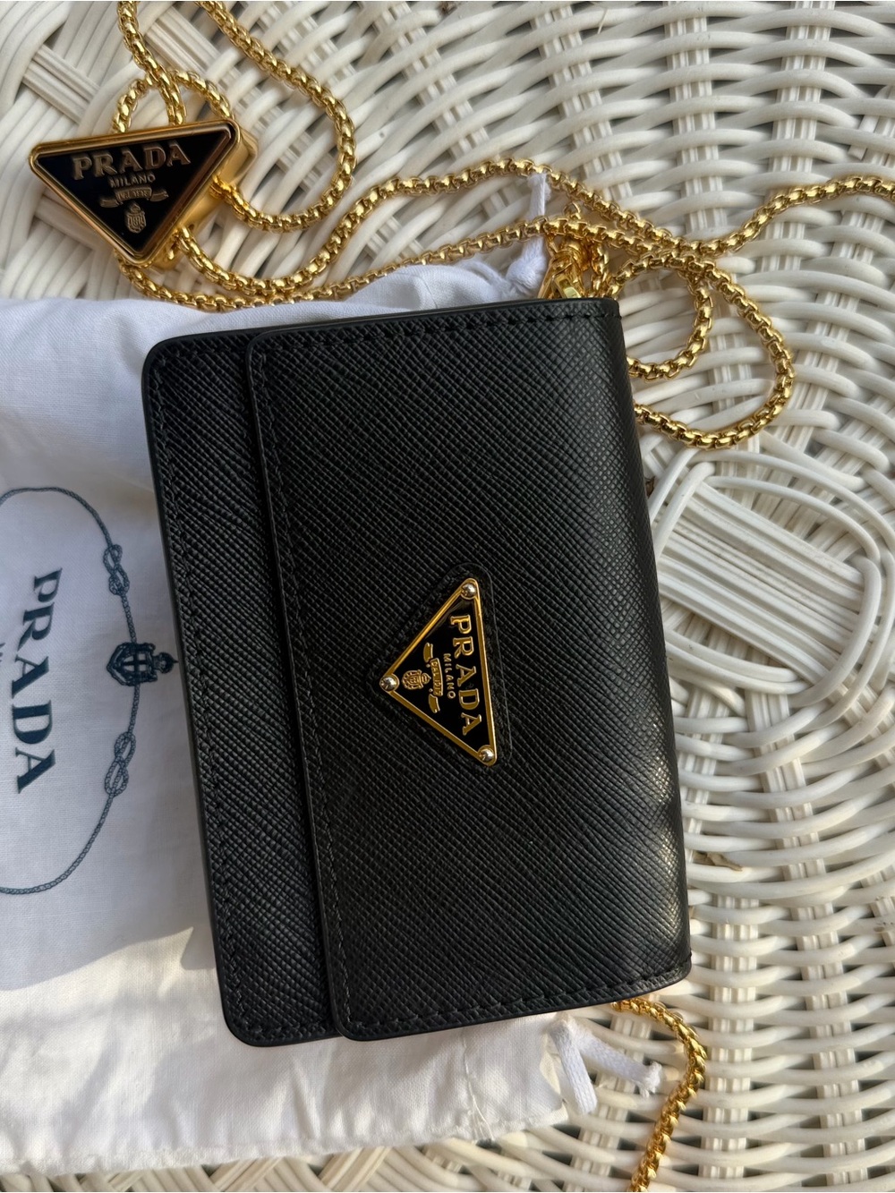 Prada Black Saffiano Leather Card Holder with Gold Chain